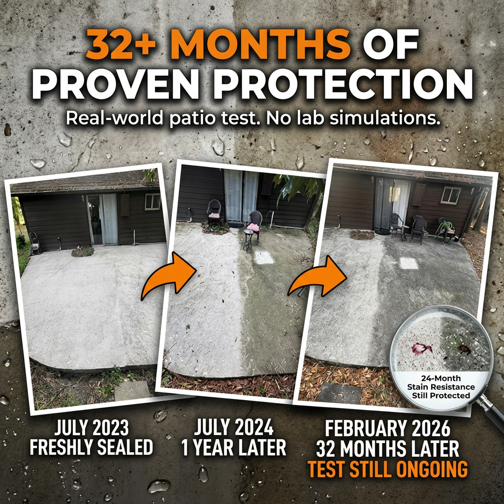 32+ months of proven protection — real-world patio test sealed July 2023, still protected February 2026