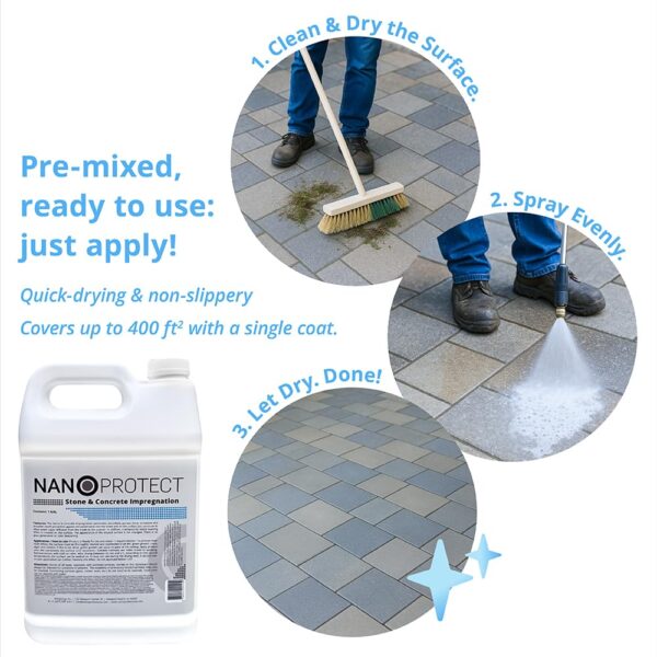 Nanoprotect is easy to use DIY concrete sealer, for driveway, patio, paver and any other absorbent stone type. Spray, Roll or Brush application